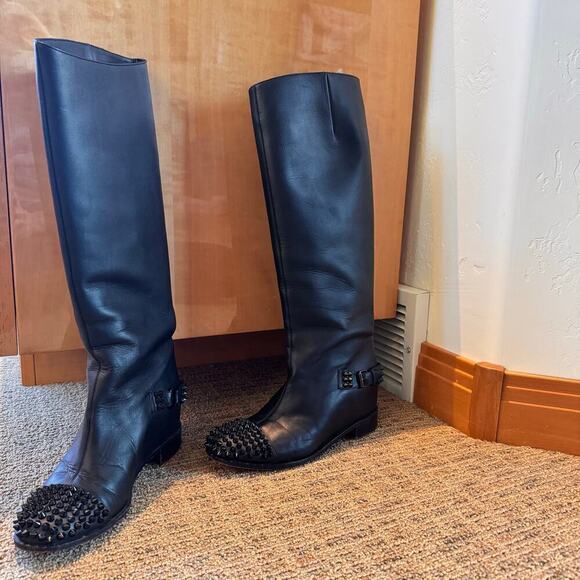 Christian Louboutin Egoutina Tall Riding Boots spiked stud black leather pull-on - Picture 5 of 15